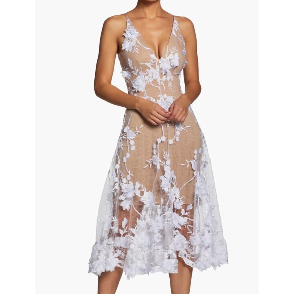 Dress the Population Audrey Midi Dress Floral Embroidered White Overlay Small